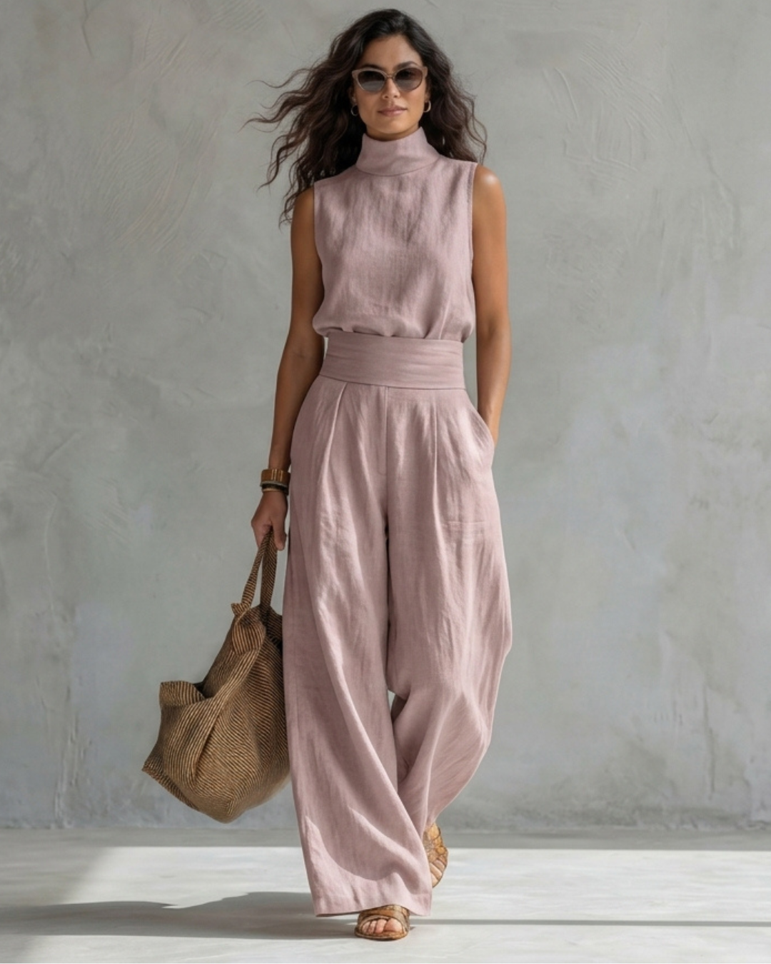 Maria | Conjunto Top y Pantalón Ancho Algodón Lino Azul