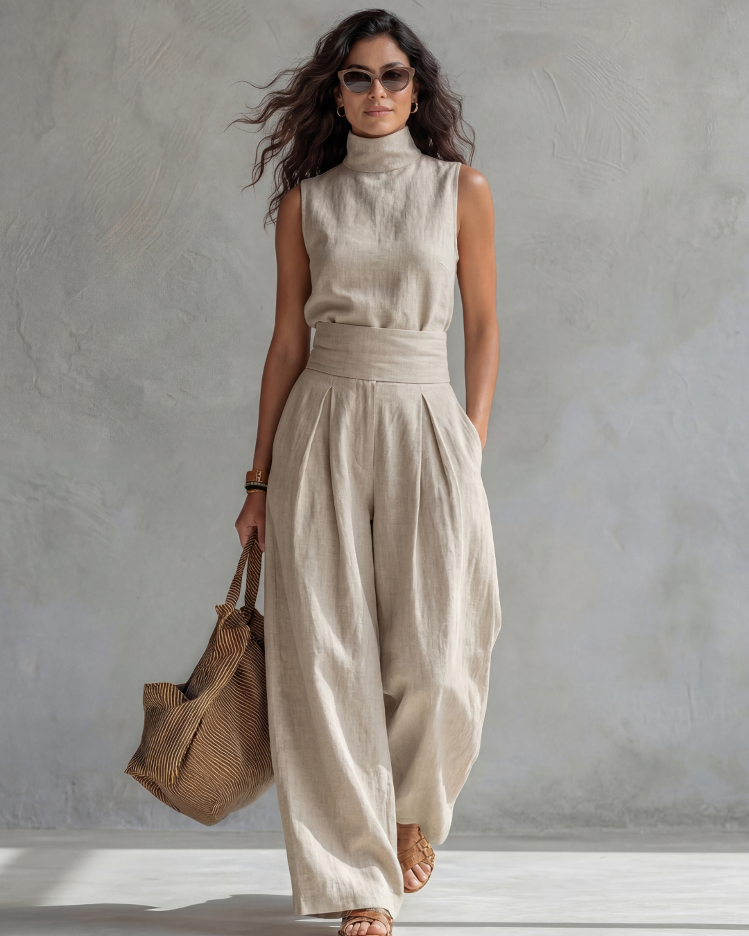 Maria | Conjunto Top y Pantalón Ancho Algodón Lino Azul