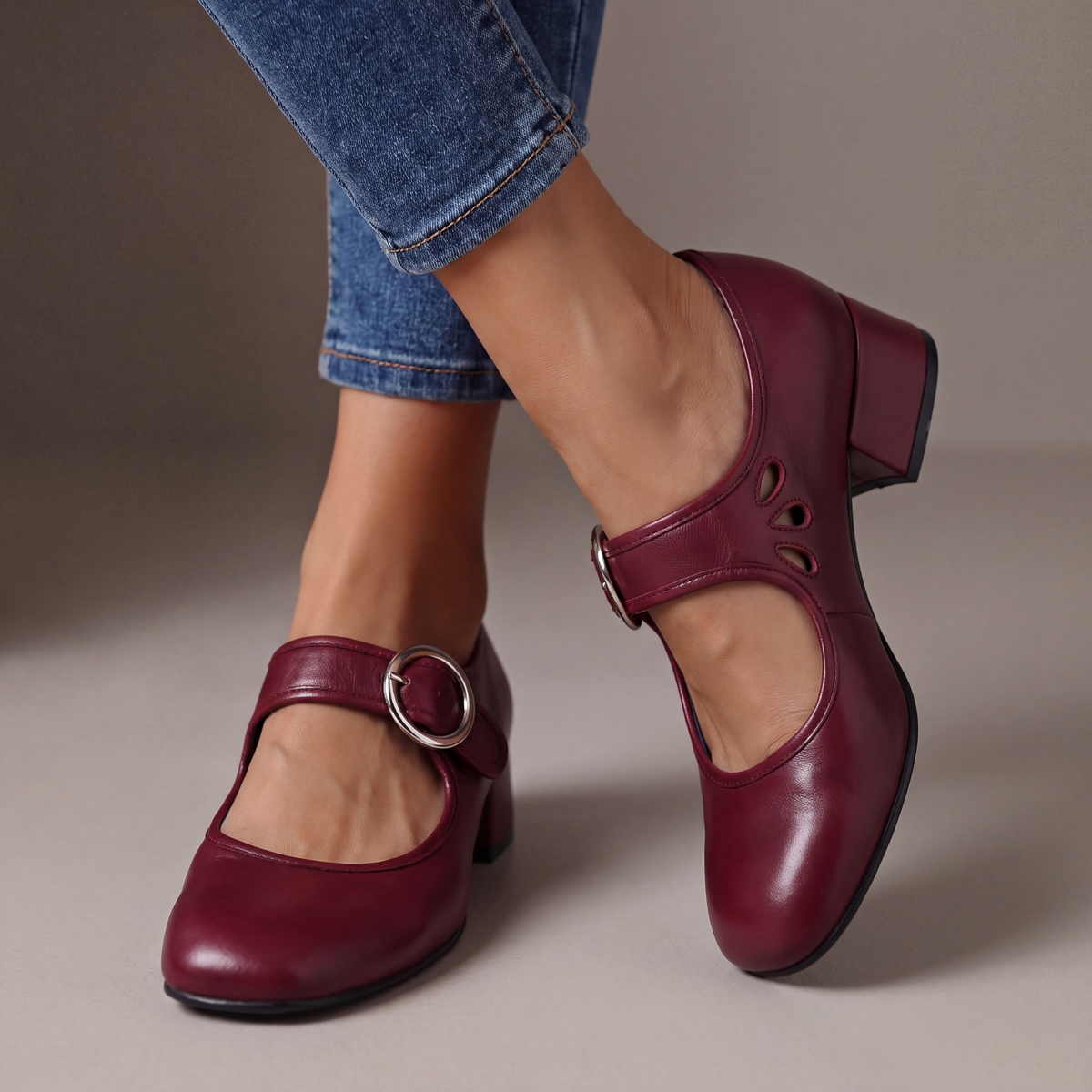 Zapatos Mary Jane de Piel con Tacón Véronique - Vino